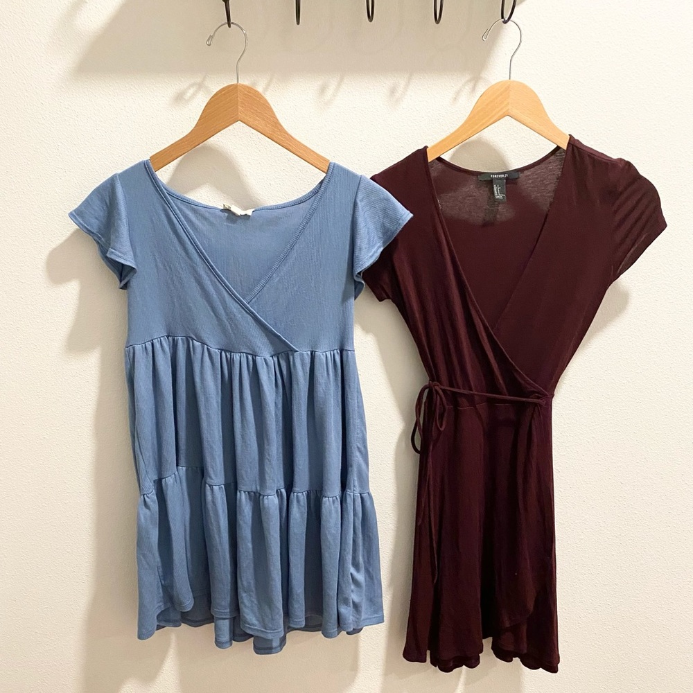 Bundle of 2 Forever 21/See You Monday Low-Cut V-Neck Mini Dresses Blue + Maroon